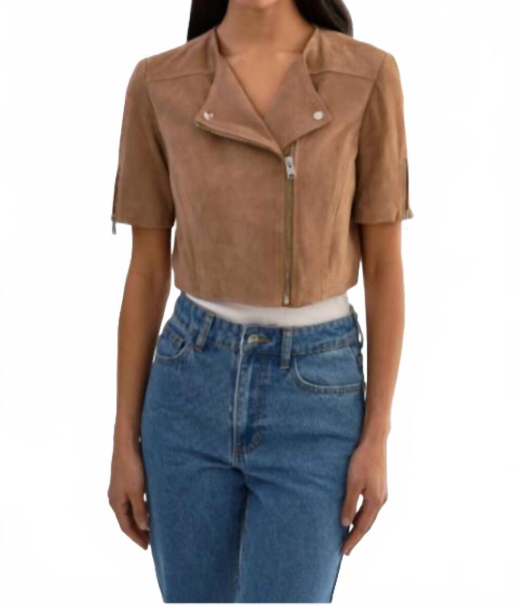 NEW LAMARQUE kirsi suede short sleeve cropped jacket in latte